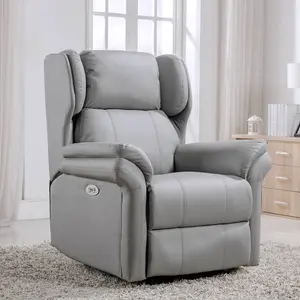 Electric Powered Recliner Chair With Wingback Design And USB Charger Port In Grey Bonded Leather