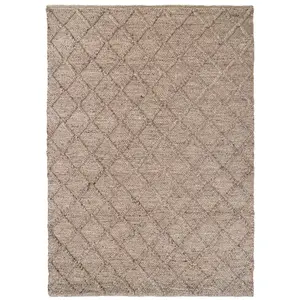 Warm Beige Luxurious Wool Textured Diamond Trellis Living Area Rug 120x170cm