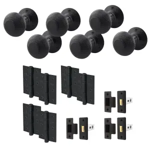 AFIT Beehive Reeded Black Door Knob Set - 3 Pairs Matt Black Mortice Knobs (55mm), Latch (76mm) & Hinges (76mm) for Internal Doors