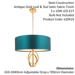 Antique Gold Ceiling Pendant Light & Teal Satin Shade - 5 Bulb Hanging Fitting