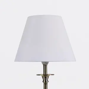 First Choice Lighting Antique Brass Plated Stacked Bedside Table Light Faceted Detail White Fabric Shade