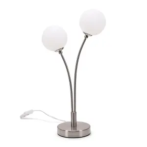 ValueLights Velika Chrome 2 Way Double Bedside Table Lamp with White Frosted Glass Globe Shades Light - LED Bulbs Included