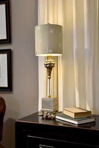 Table Lamp Duck Feet Square Base Cream & Silver Leaf Cylinder Shade LED E27 60W