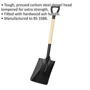 Durable Pressed Carbon Steel Shovel with Hardwood Ash Handle - 710mm Length