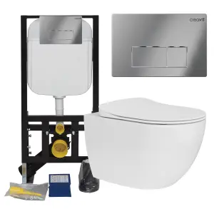 Rimless Wall Hung Toilet Pan & Concealed Cistern Chrome Square Button Flush Plate