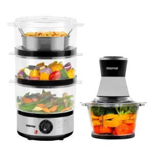 Geepas 3-Tier Food Steamer & 500W Mini Food Processor Combo Set