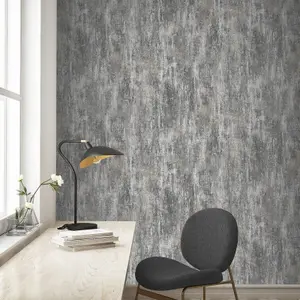 Charcoal Grey Textured Wallpaper Heavyweight Distressed Metallic Effect Vinyl