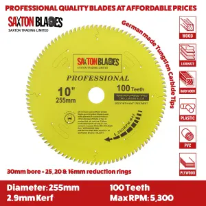 Saxton TCT255100TPRO Professional Range TCT Circular Blade 255mm x 100 Teeth x 30mm Bore, 16, 20, 25mm Reduction Ring