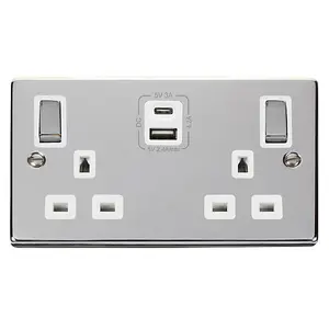 Polished Chrome 2 Gang 13A DP Ingot Type A & C USB Twin Double Switched Plug Socket - White Trim - SE Home