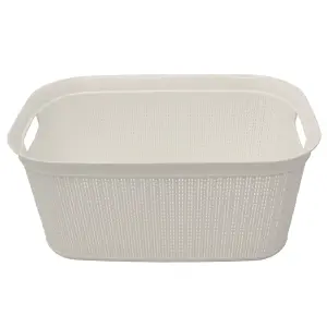 JVL Knit Design Loop Plastic Rectangular Linen Washing Basket with Handles, 38L, Ivory