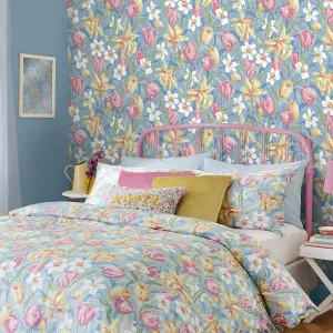 Laura Ashley Tulips Blue Floral Smooth Wallpaper