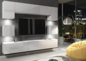 Panorama Wall TV Unit White with High Gloss Doors and LED Lighting - Creative Furniture