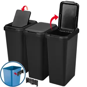 Recycling 45 Litre Set of 3 Waste Utility Plastic Bins Interlocking Clips Lift and Swing Black Bin, 3 x 45L