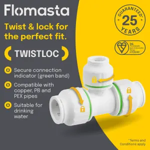 Flomasta SPT67446M White Push-fit Reducing Pipe tee (Dia)22mm x 22mm x 15mm, Pack of 2