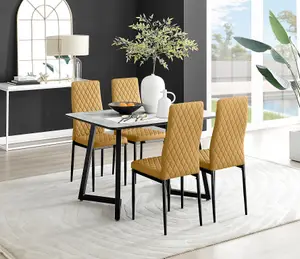 Furniturebox UK Carson White Marble Effect Dining Table & 4 Mustard Velvet Milan Black Leg Chairs