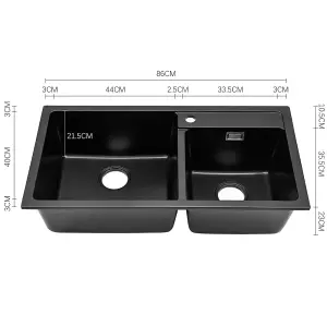 Undermount Double Bowl Quartz Kitchen Sink Black 860x460mm