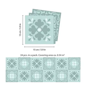 24 Pieces 15x15cm Jan Floral Light Blue Victorian Tile Stickers