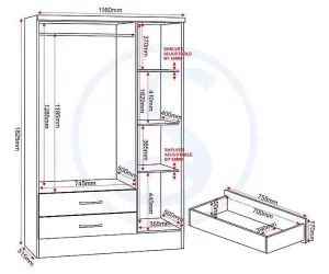 Nevada 3 Door 2 Drawer Mirrored Wardrobe in Black Gloss Finish