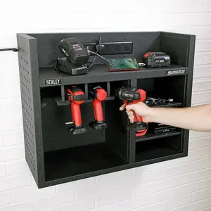 Durable 760mm Power Tool Storage Rack with Power Strip for 4 Tools