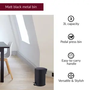 Mccabe 3 Litre Step On Rubbish Bin Matt Black