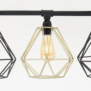 ValueLights Luiggi Industrial 5 Way Satin Black Pipework Ceiling Light with Black and Gold Cage Shades