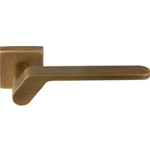 Premium Modern Slim Door Handle Set - Antique Brass Angled Lever On Square Rose