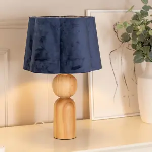 ValueLights Azalea Rustic Wooden Table Lamp with Navy Blue Velvet Scallop Shade and LED Bulb