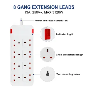 8 Way Socket with Cable 3G1.25,5M,White,with Indicate Light, Child Resistant Sockets