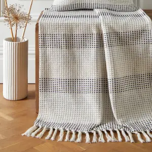 Reva 100% Cotton Bedspread Throw Woven Stripes With Tasselled Edges