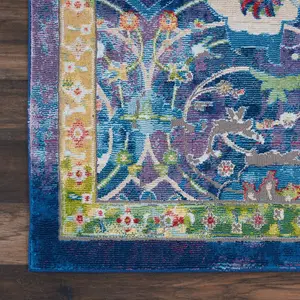 Blue Floral Traditional Easy to Clean Rug for Living Room Bedroom and Dining Room-61cm X 122cm