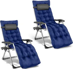 2 Deluxe Reclining Zero Gravity Chairs With Cushion & Garden Cup Holder Lounger Outdoor - Blue