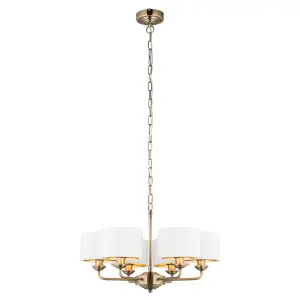 Haywood Antique Brass with Vintage White Faux Silk Shades Classic Modern 6 Light Ceiling Pendant