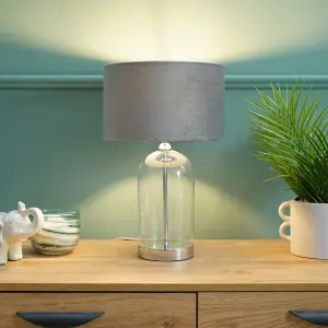 ValueLights Jessy Glass and Silver Chrome Metal Bedside Table Lamp with a Grey Velvet Lampshade - Bulb Included