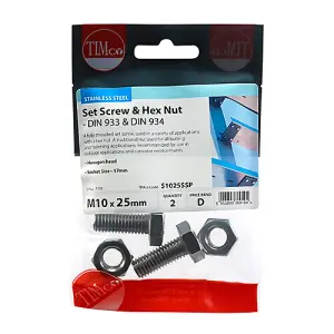 Timco - Set Screws & Hex Nuts - Stainless Steel (Size M10 x 25 - 2 Pieces)