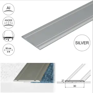 A02 930mm x 30mm 2.7mm Anodised Aluminium Flat Self Adhesive Door Threshold Strip - Silver, 0.93m