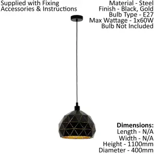 Pendant Ceiling Light Colour Black Faceted Outer Gold Inner Shade Bulb E27 1x60W