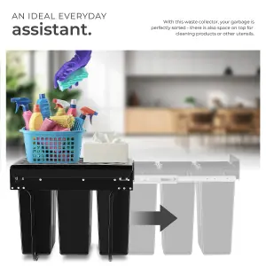 Kitchen Bin Ashlyn - 3 compartments, telescopic rails, 30L total capacity - black