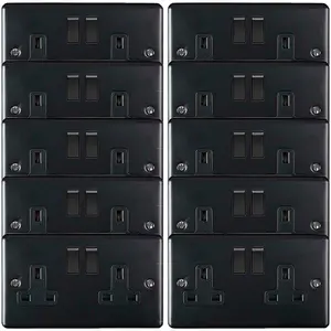 10 PACK 2 Gang Double UK Plug Socket MATT BLACK 13A Switched Power Outlet