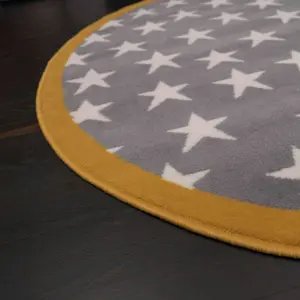 Grey Yellow Bordered Kids Bedroom Play Room Round Circular Mat 120x120cm