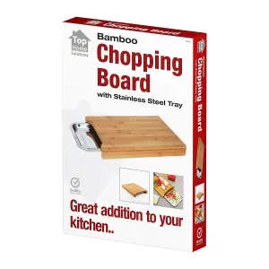 Chopping Board - Made From Durable Bamboo - Sliding Stainless Steel Tray For Extra Space Or Serving