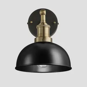 Industville Brooklyn Dome Wall Light, 8 Inch, Black, Brass Holder