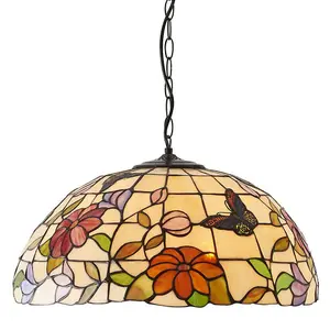 Tiffany Glass Hanging Ceiling Pendant Light Bronze Chain Butterfly Shade i00089