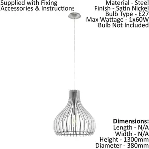 Pendant Ceiling Light Colour Satin Nickel Shade White Wood Bulb E27 1x60W