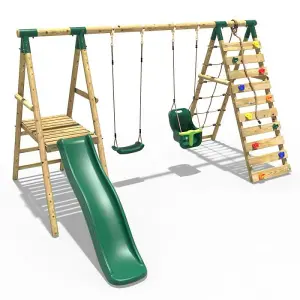 Rebo Wooden Swing Set with Deck and Slide plus Up and Over Climbing Wall - Moonstone Green