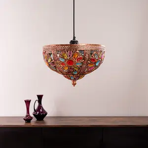 ValueLights Samia Moroccan Bazaar Style Bronze Uplighter Easy Fit Ceiling Light Shade with Multi Coloured Jewels - Bulb Included