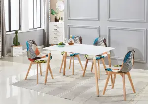 Patchwork Halo Dining Set Includes a White Dining Table & Set of 4 Multicolour Fabric Chairs