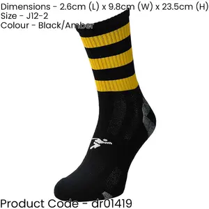 JUNIOR Size 12-2 Hooped Stripe Football Crew Socks BLACK/AMBER Training Ankle