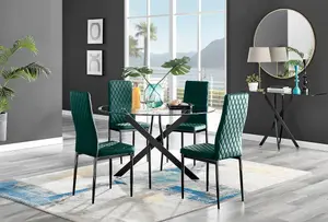 Furniturebox UK Novara Black Leg 120cm Round Glass Dining Table & 4 Green Velvet Milan Black Leg Chairs