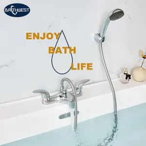 BATHWEST Bathroom Taps with Shower Waterfall Solid Brass Chrome Modern Dual Lever Bathroom Tub Filler Mixer Taps