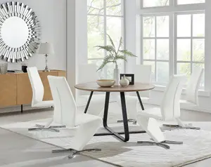 Furniturebox UK Santorini Brown Wood Effect Round Dining Table & 6 White Willow Chairs